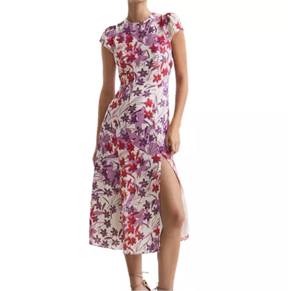 REISS Lily Printed Cap Sleeves Midi Dress US 2 NEW MSRP $285